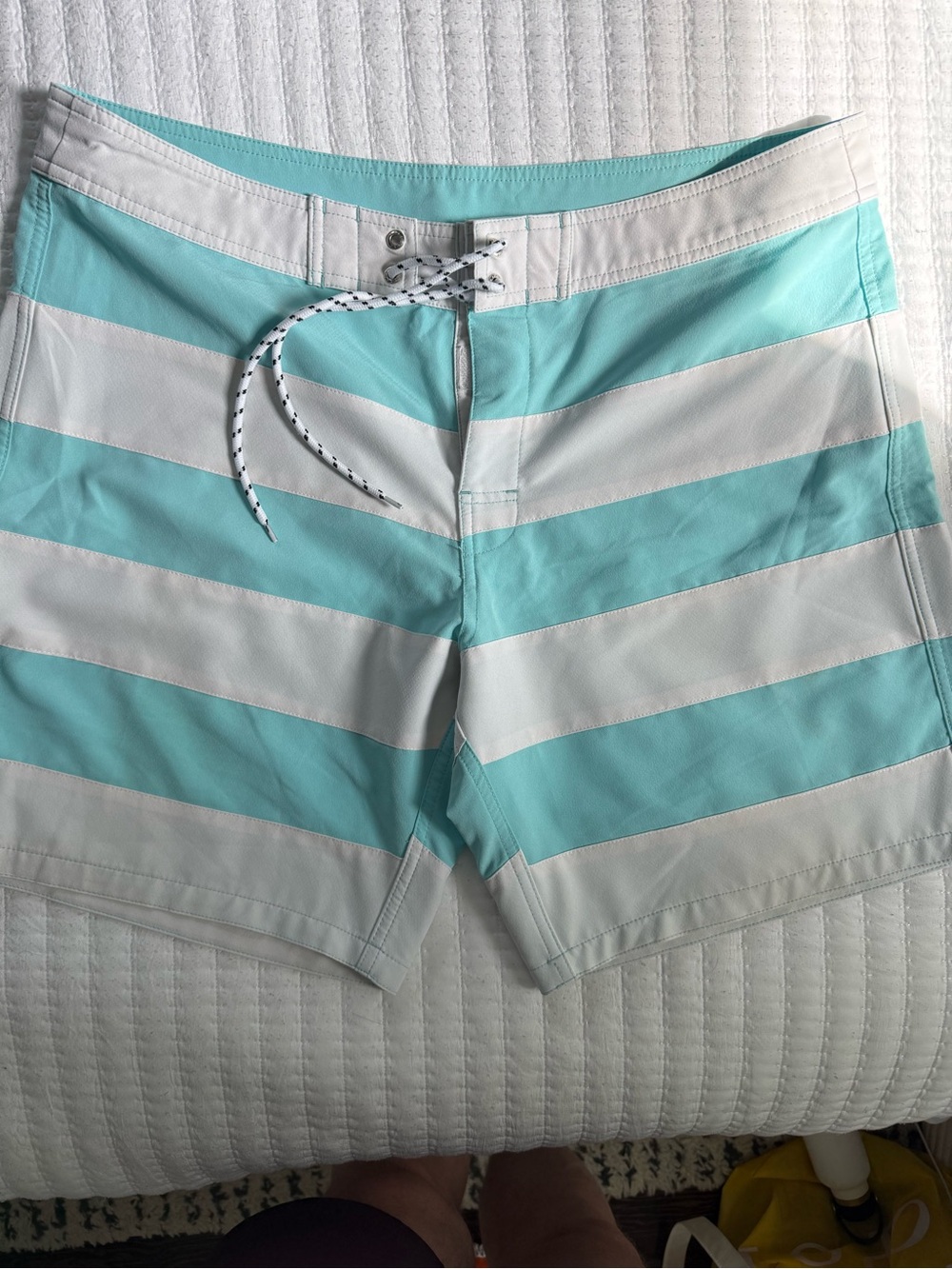 Men's Aqua & White Striped Swim Trunks